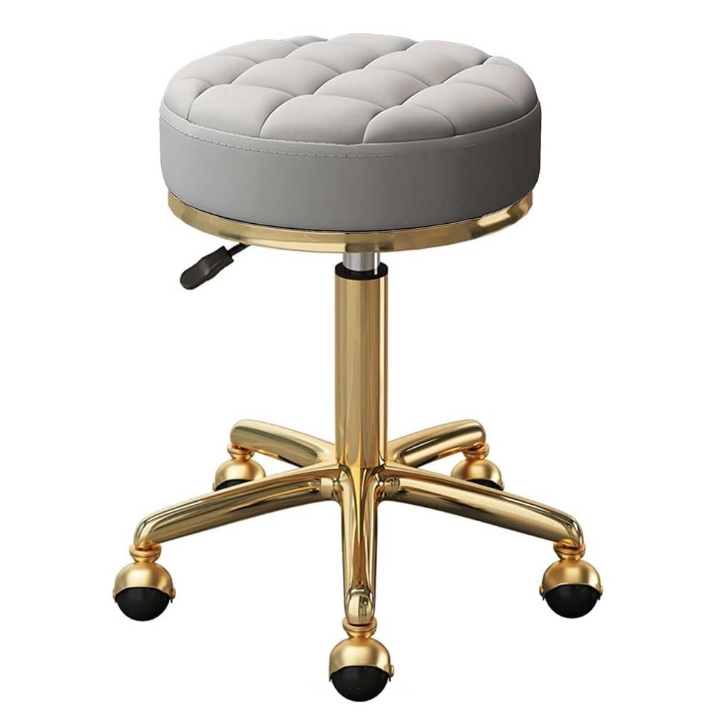 Mxsheng Rolling Stool Swivel Salon Beauty Chair Medical Care Round Leather Cushion Bar Stool for Spa Work Office Massage Manicure Tattoo, Gold Chrome Frame (Color : Light Gray)