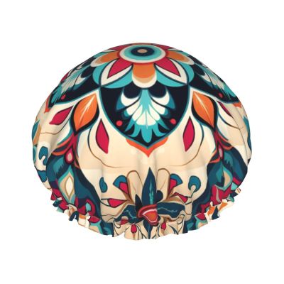 Arabic Indian Checked Pattern Shower Cap Reusable Double Layered Bath Cap Waterproof Hair Cap with Elastic Band Bathing Hat Spa Salon Shower Hat for Women Men