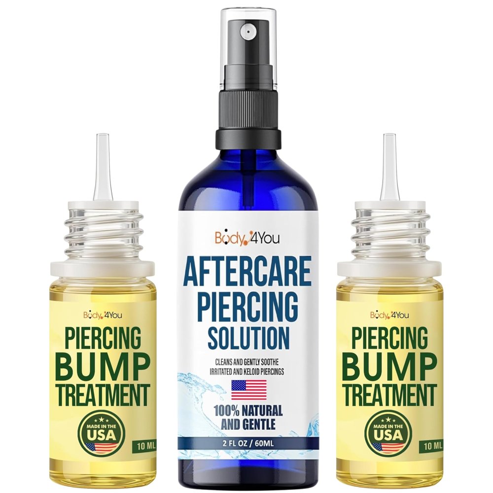 BodyJ4You Piercing Aftercare Set - Saline Cleanser Spray - Keloid Bump Removal - Ear Gauges Nose Septum Tragus Belly Button - Wound Wash Soothe Scar Moisturize Skin - Natural Recovery Solution