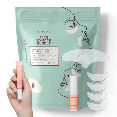 Dermaclara Silicone Face Patches Kit - Anti-Wrinkle Patches for Frown & Smile Lines, Silicone Anti-Wrinkle Reusable Pads, Up to 30 Uses - 1 Forehead, 4 Eye & Mouth, 1 Cleanser, 1 Peptide Lip Serum