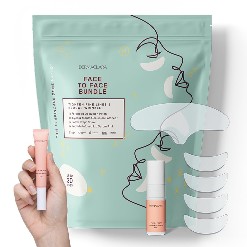 Dermaclara Silicone Face Patches Kit - Anti-Wrinkle Patches for Frown & Smile Lines, Silicone Anti-Wrinkle Reusable Pads, Up to 30 Uses - 1 Forehead, 4 Eye & Mouth, 1 Cleanser, 1 Peptide Lip Serum