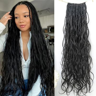 Boho Faux Locs Human Hair Curls Crochet Bohemian Braided Hair Knotless Pre Looped Synthetic Goddess Braids With Human Curly Ends Body Wave For Braiding Human Meadow hair18Inch 72Locs