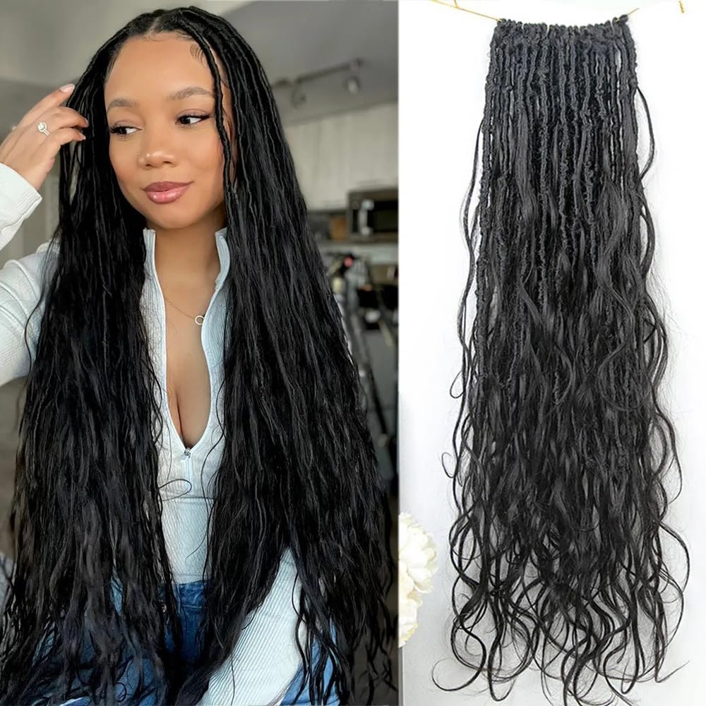 Boho Faux Locs Human Hair Curls Crochet Bohemian Braided Hair Knotless Pre Looped Synthetic Goddess Braids With Human Curly Ends Body Wave For Braiding Human Meadow hair18Inch 72Locs