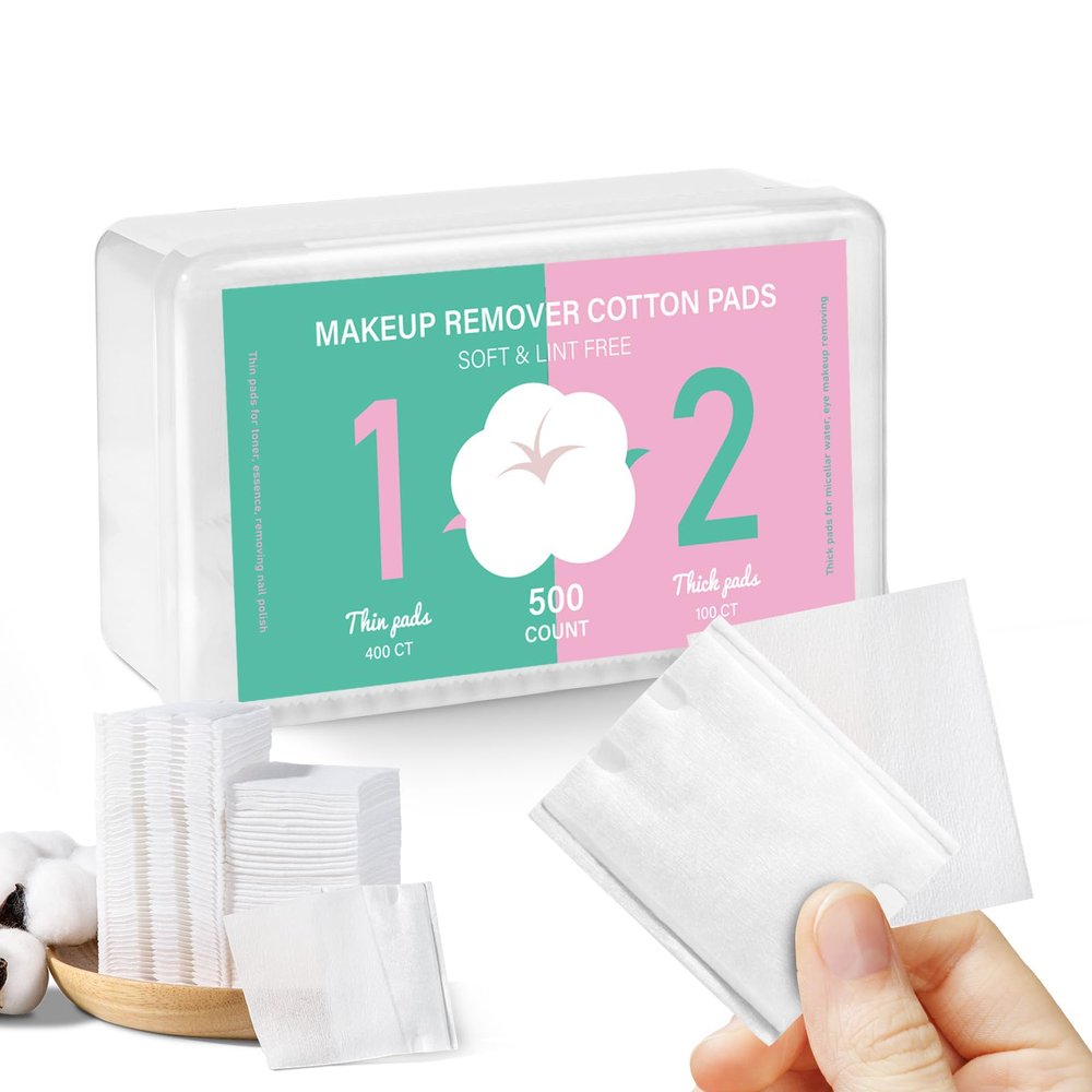 ICOTLE Square Makeup Cotton Pads, 100 Thick and 400 Ultra-Thin, Soft, Lint-Free Pads for Makeup Removal, Toner Application and Daily Skincare