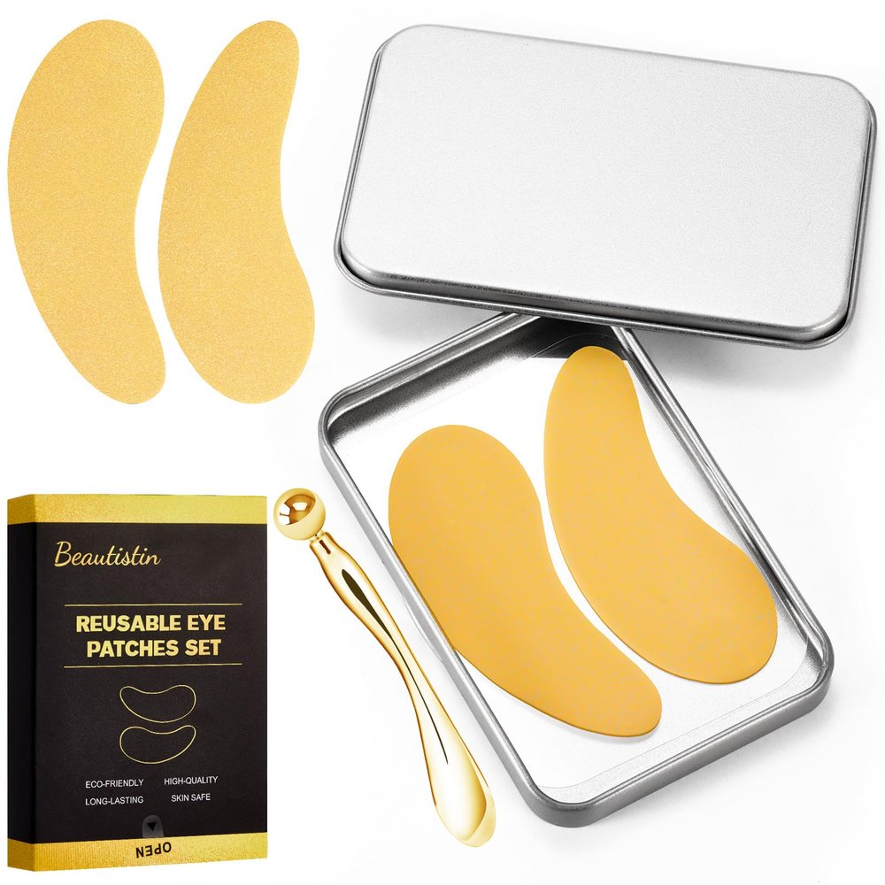 Beautistin 2 Pairs Reusable Under Eye Wrinkle Patches Silicone Mask, Plump Fine Lines & Wrinkles, with Metal Eye Cream Applicator, Tin Case, Gold