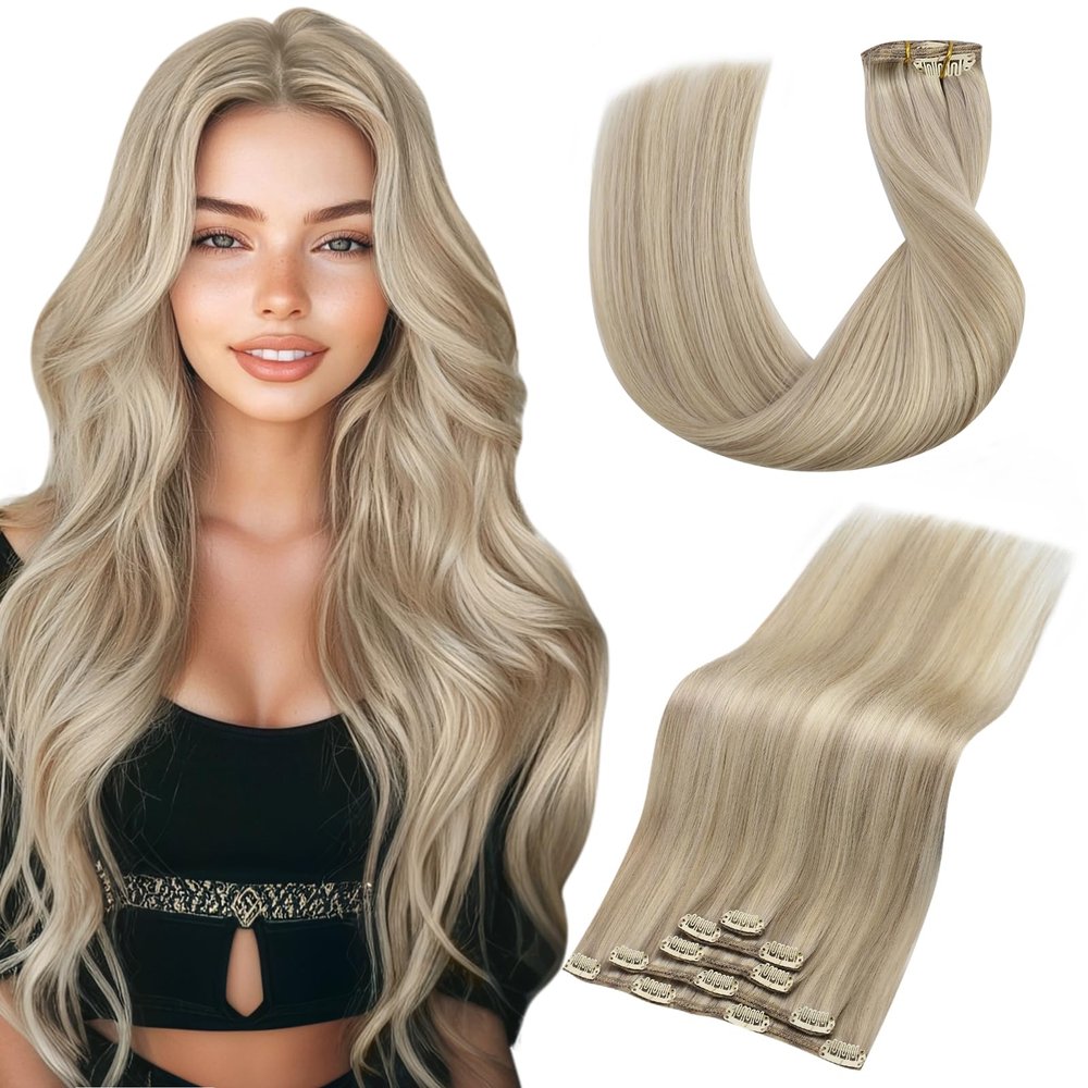 Vivien Blonde Clip in Extensions Human Hair Blonde Highlights Clip in Hair Extensions Real Human Hair Dark Ash Blonde Highlight Light Blonde Clip in Hair Extensions Straight 18 Inch 5pcs 80g
