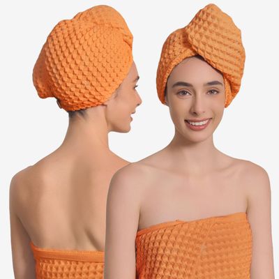 100% Organic Cotton Hair Drying Waffle Towel Wrap for Women | Absorbent & Quick Dry Head Turban for Wet Hair in Shower Sauna Spa, Extra Large for Long Straight Curly Plopping Button (Orange, 1 PACK)