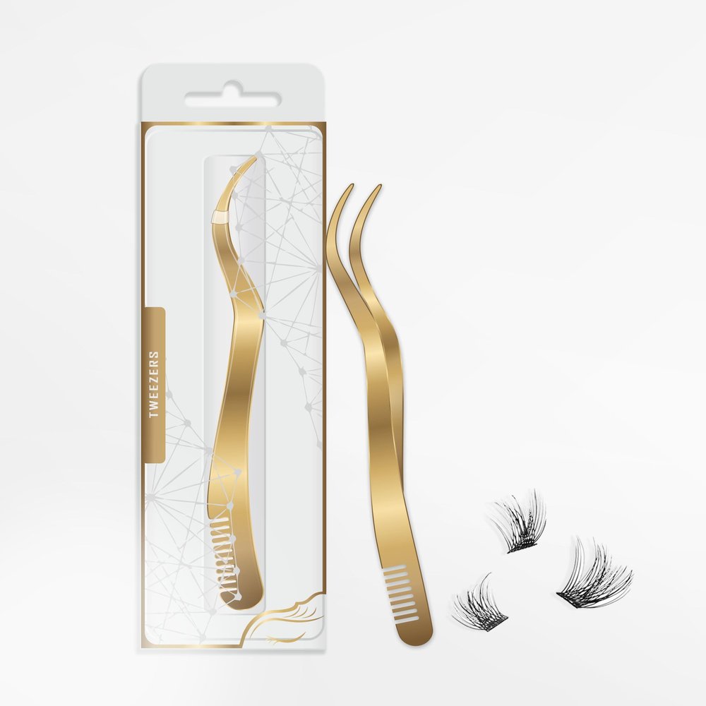 2 in 1 Lash Tweezer with Comb, Eyelash Extension, Stainless Steel Elbow Tweezers, Precise Eyebrow Tweezers Tool, Lashes Tweezer Applicator for DIY Applying False Eyelashes Clusters, Gold