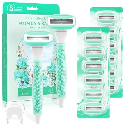 Razors for Women Include 2 Non-Slip Handles and 14 Blade Refills with a Shower Holder, 5 Premium Blades Women's Razors for Shaving with 360 Lubrication Reduces Irritation, Green