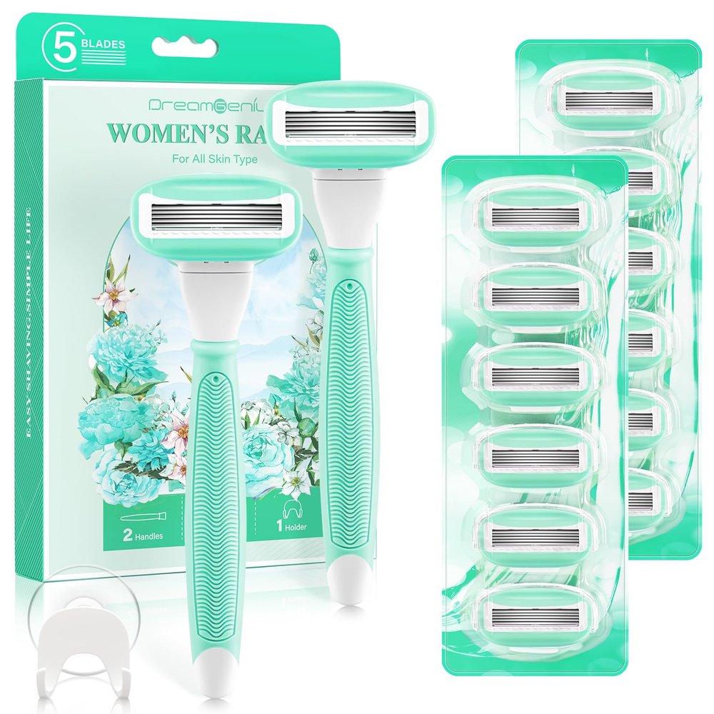 Razors for Women Include 2 Non-Slip Handles and 14 Blade Refills with a Shower Holder, 5 Premium Blades Women's Razors for Shaving with 360 Lubrication Reduces Irritation, Green