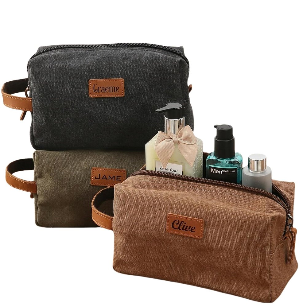 Mens Toiletry Travel Bag, Snirov Personalized Gifts for Men Laser Engraved Name Canvas Handcrafted Toiletry Bag for Husband Dad Boy Friend Fathers Day Gifts