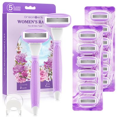Razors for Women Include 2 Non-Slip Handles and 14 Blade Refills with a Shower Holder, 5 Premium Blades Women's Razors for Shaving with 360 Lubrication Reduces Irritation, Purple