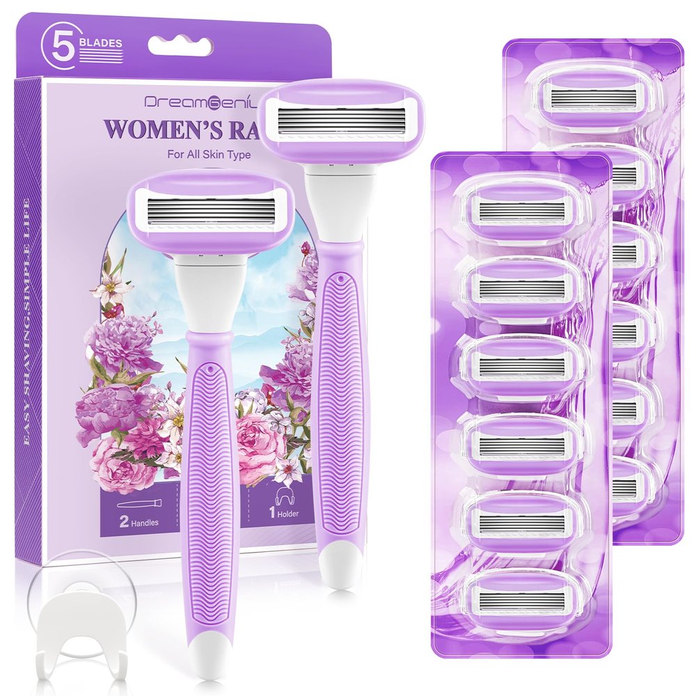 Razors for Women Include 2 Non-Slip Handles and 14 Blade Refills with a Shower Holder, 5 Premium Blades Women's Razors for Shaving with 360 Lubrication Reduces Irritation, Purple