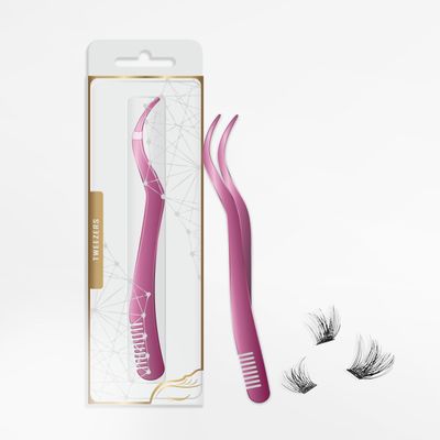 2 in 1 Lash Tweezer with Comb, Stainless Steel Elbow Tweezers, Eyelash Extension, Precise Eyebrow Tweezers Tool, Lashes Tweezer Applicator for DIY Applying False Eyelashes Clusters, Rose