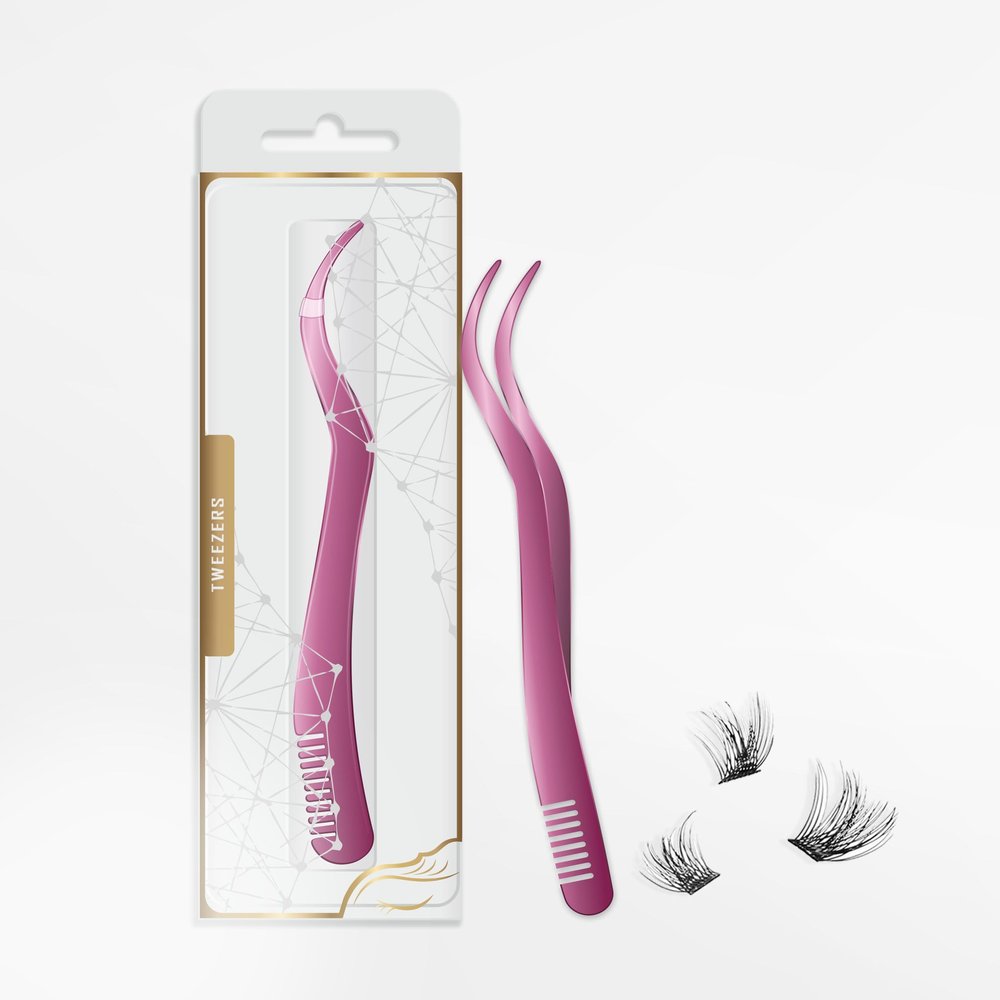 2 in 1 Lash Tweezer with Comb, Stainless Steel Elbow Tweezers, Eyelash Extension, Precise Eyebrow Tweezers Tool, Lashes Tweezer Applicator for DIY Applying False Eyelashes Clusters, Rose