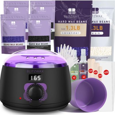 BLITZWAX Brazilian and Bikini Waxing Kit With 2.6lb Lavender and Cream Wax Beads, Hard Wax Warmer for Face, Legs and Body, At Home Hair Removal Kit, Beginner Friendly, Digital Fast Heating
