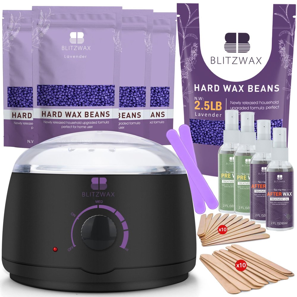 BLITZWAX Hair Removal Waxing Kit with 2.5lb Lavender Waxing Beads for Sensitive Face, Legs, and Body, 33pcs Accessories Ideal for Women Men at Home Salon, Beginner Friendly, Quick Heating