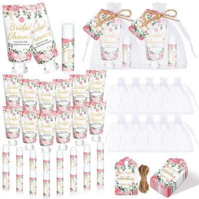 Dansib 24 Sets Hand Cream and Lip Balm Gift Bridal Baby Shower Party Supply Travel Size Hand Lotion and Lip Balm Bulk with Organza Bag and Tag Wedding Baby Shower Party(Cherry,Floral)