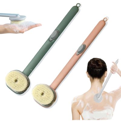 2024 Newest Body Scrubbers for Use in Shower, Long Handled Scrub Brush for Shower, Skin Scrubber/Long Handle Bath Massage Cleaning Brush with Soap Dispenser for Women Men (1PC Pink +1PC Green)