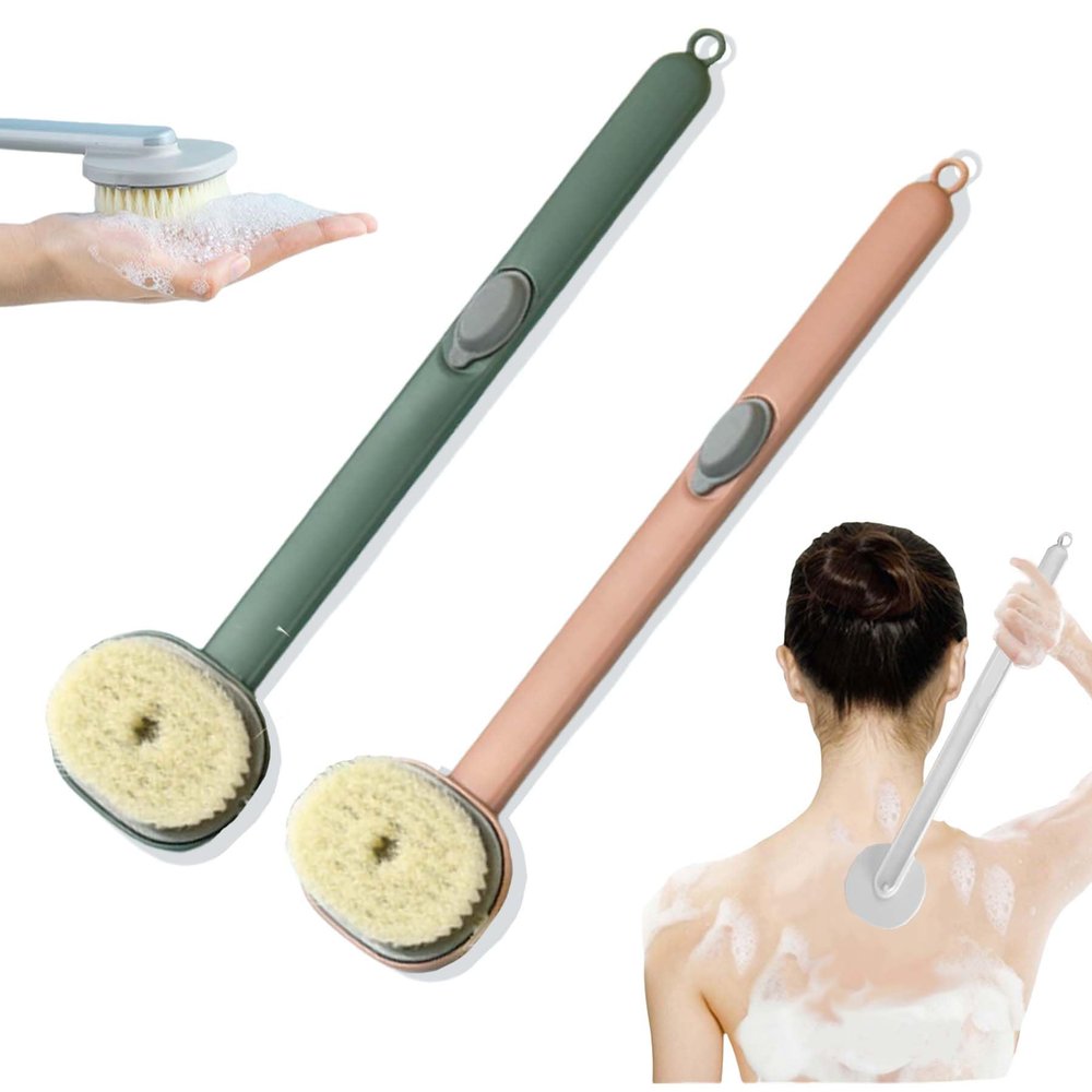 2024 Newest Body Scrubbers for Use in Shower, Long Handled Scrub Brush for Shower, Skin Scrubber/Long Handle Bath Massage Cleaning Brush with Soap Dispenser for Women Men (1PC Pink +1PC Green)