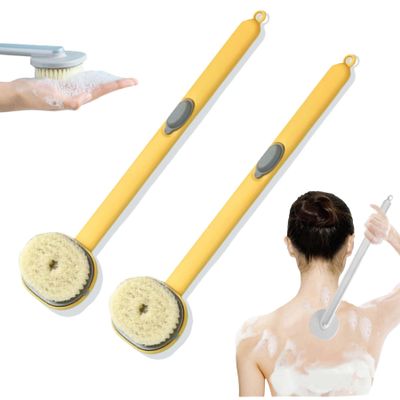 2024 Newest Body Scrubbers for Use in Shower, Long Handled Scrub Brush for Shower, Skin Scrubber/Long Handle Bath Massage Cleaning Brush with Soap Dispenser for Women Men (2PCS Yellow)
