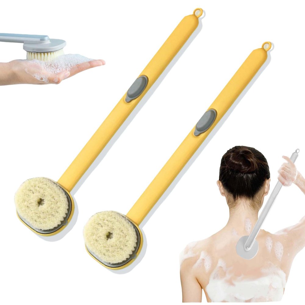 2024 Newest Body Scrubbers for Use in Shower, Long Handled Scrub Brush for Shower, Skin Scrubber/Long Handle Bath Massage Cleaning Brush with Soap Dispenser for Women Men (2PCS Yellow)