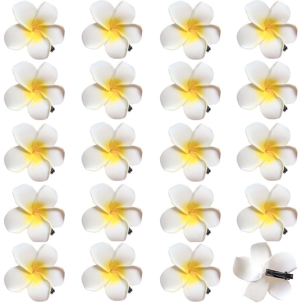 20Pcs 3.3 Inch Large White Foam Hawaiian Frangipani Artificial Plumeria Flower Hat Hair Clips for Home Bridal Wedding Tropical Party Beach Vacation Decoration