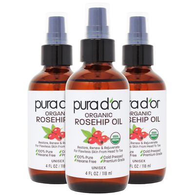 PURA D'OR ORGANIC Rosehip Seed Oil Hair Relaxer (4 Oz x3 = 12 Oz) 100% Pure Cold Pressed USDA Certified All Natural Anti-Aging, Scar Treatment, Gua Sha Massage, Face, Hair & Skin - Women & Men