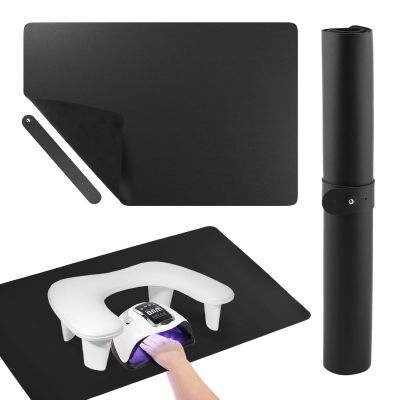 Nail Desk Mat 23.62 x 15.75 In, PU Leather Top with Velvet Bottom, Wipe-Clean Manicure Table Pad with Storage Strap, Mat Only, for Home and Salon Nail Art, Black