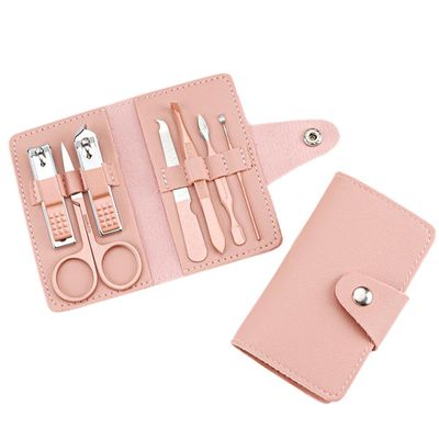 7Pcs Manicure Set Stainless Steel Nail Clippers Cuticle Nipper Remove Scissor Cleaning Grooming Eyebrow Clip Tweezers,Pink