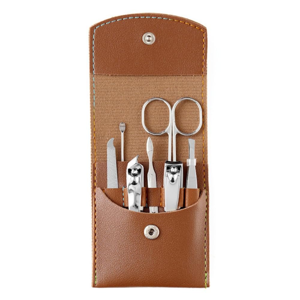 7-Piece Portable Stainless Steel Nail Clipper Ear Spoon for Travel Pedicure Manicure Tool Set Nail Care Cutter Set,Brown Bag