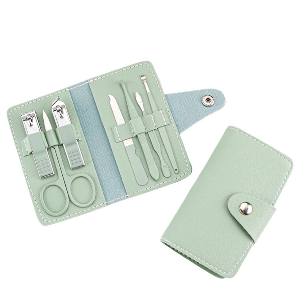7Pcs Manicure Set Stainless Steel Nail Clippers Cuticle Nipper Remove Scissor Cleaning Grooming Eyebrow Clip Tweezers,Green