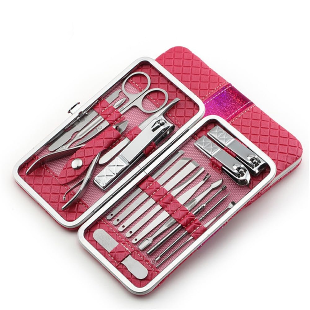 18pcs Manicure Nail Clipper Set Household Stainless Steel Ear Spoon Nail Clippers Manicure Tool Pedicure Nail Scissor,Rose Red