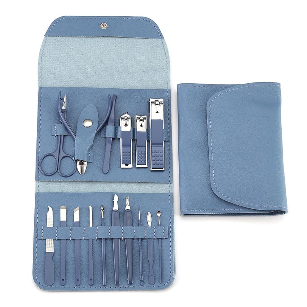 16pcs Nail Cutter Set Stainless Steel Nail Clippers Set with Folding Bag Manicure Cutter Kits Scissors Beauty Tool,Blue