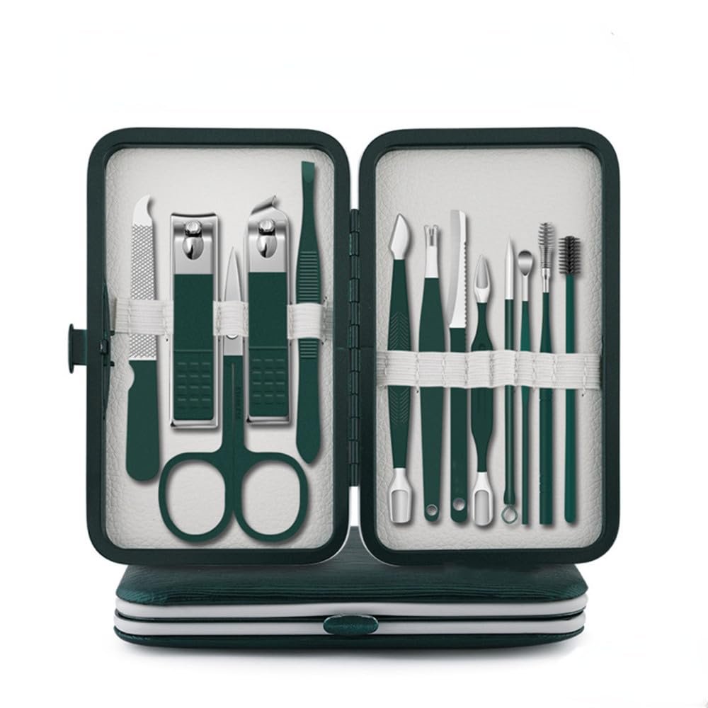 8-23pcs/set Nail Cutter Set Stainless Steel Nail Clipper with Folding Bag Nail Supplies,Dark Green 13Pcs