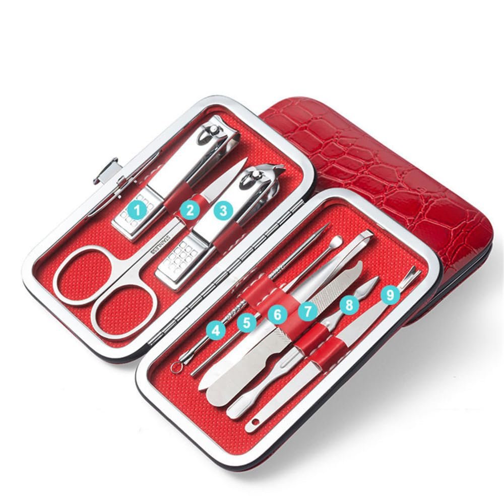 9pcs Nail Clipper Set Household Stainless Steel Ear Spoon Nail Clipper and Nail Repair Tool,red