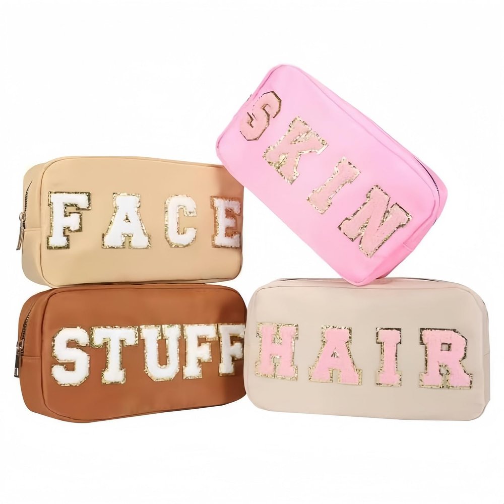 4 Pcs Nylon Cosmetic Bags Travel Organizer Chenille Letter Makeup Pouch Zipper Preppy Waterproof Hair Bag Toiletry Pouch for Women Girls Coffees