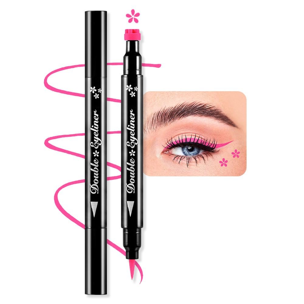 BINGBRUSH Double-head Liquid Stamp Eyeliner Pencil, Colors Flowers Heart Moon Star Shapes Face Stamps Makeup Colorful Waterproof Slim Gel Felt Tip High Pigment Liquid Eyeliner (07#Flower&Pink)
