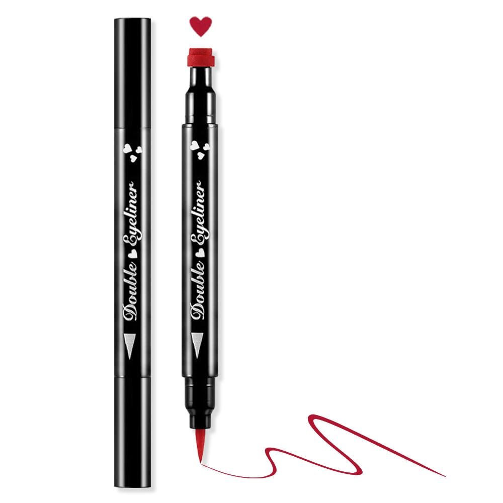 BINGBRUSH Double-head Liquid Stamp Red Eyeliner Pencil, Colors Flowers Heart Moon Star Shapes Face Stamps Makeup Colorful Waterproof Slim Gel Felt Tip High Pigment Liquid Eyeliner(08#Heart Shape&Red)