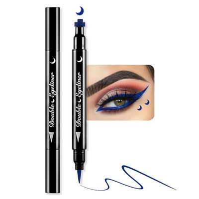BINGBRUSH Double-head Liquid Stamp Eyeliner Pencil, Colors Flowers Heart Moon Star Shapes Face Stamps Makeup Colorful Waterproof Slim Gel Felt Tip High Pigment Liquid Eyeliner (06#Moon&Blue)