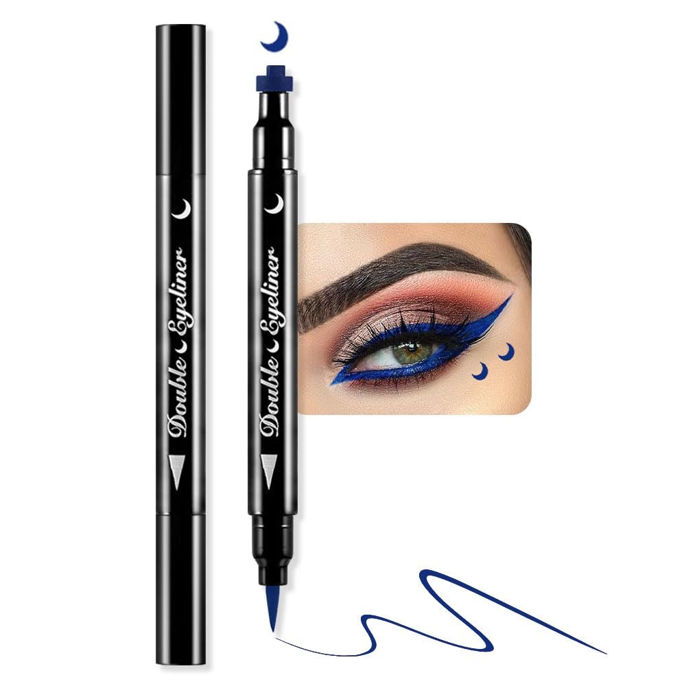 BINGBRUSH Double-head Liquid Stamp Eyeliner Pencil, Colors Flowers Heart Moon Star Shapes Face Stamps Makeup Colorful Waterproof Slim Gel Felt Tip High Pigment Liquid Eyeliner (06#Moon&Blue)
