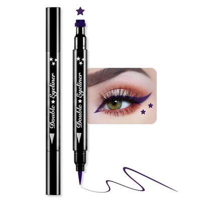 BINGBRUSH Double-head Liquid Stamp Eyeliner Pencil, Colors Flowers Heart Moon Star Shapes Face Stamps Makeup Colorful Waterproof Slim Gel Felt Tip High Pigment Liquid Eyeliner (05#Star&Purple)