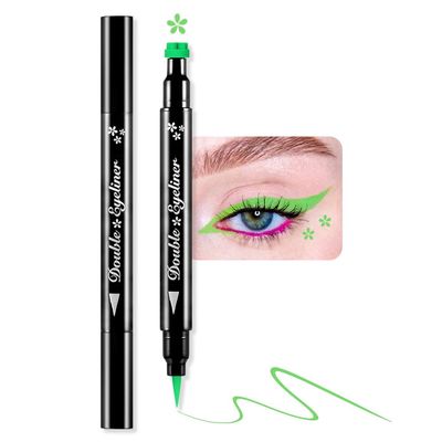 BINGBRUSH Double-head Liquid Stamp Eyeliner Pencil, Colors Flowers Heart Moon Star Shapes Face Stamps Makeup Colorful Waterproof Slim Gel Felt Tip High Pigment Liquid Eyeliner (09#Flower & Green)
