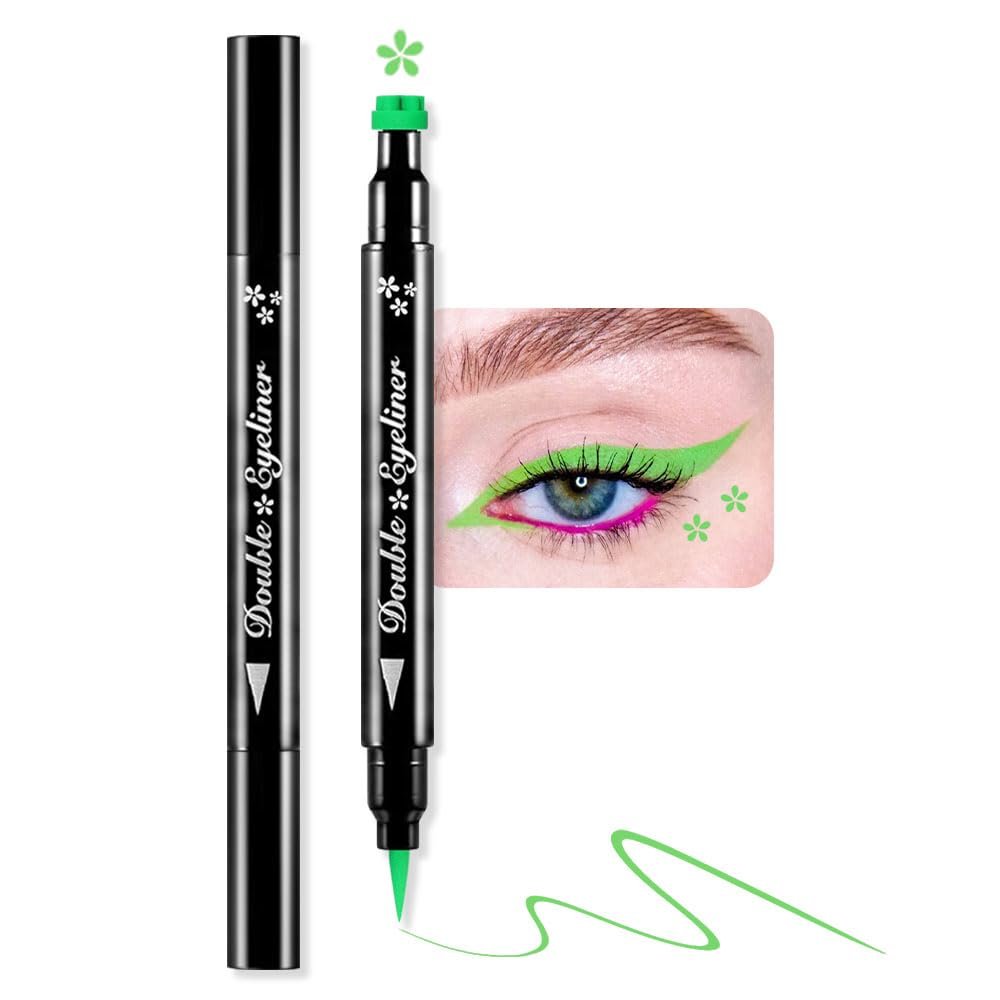 BINGBRUSH Double-head Liquid Stamp Eyeliner Pencil, Colors Flowers Heart Moon Star Shapes Face Stamps Makeup Colorful Waterproof Slim Gel Felt Tip High Pigment Liquid Eyeliner (09#Flower & Green)