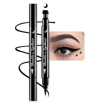 BINGBRUSH Double-head Liquid Stamp Eyeliner Pencil, Colors Flowers Heart Moon Star Shapes Face Stamps Makeup Colorful Waterproof Slim Gel Felt Tip High Pigment Liquid Eyeliner (02#Moon&Black)