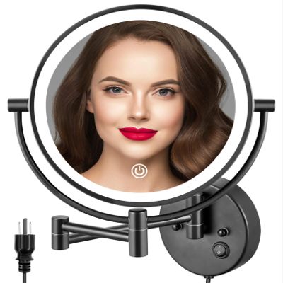 ALHAKIN 9" Wall Mounted Lighted Makeup Mirror, Large Double Sided 1X/10X Magnifying Mirror with 3 Color Lights Dimmable, 360 Rotation, Black