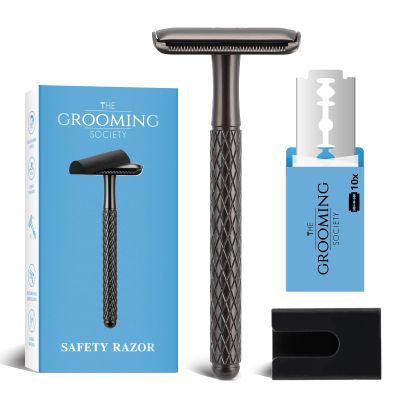 The Grooming Society Single Blade Safety Razor for Men with Silicone Cover & 10 Blades Double Edge Safety Razor for Travel Metal Eco-Friendly Reusable Razor for Shaving (Matte Black)