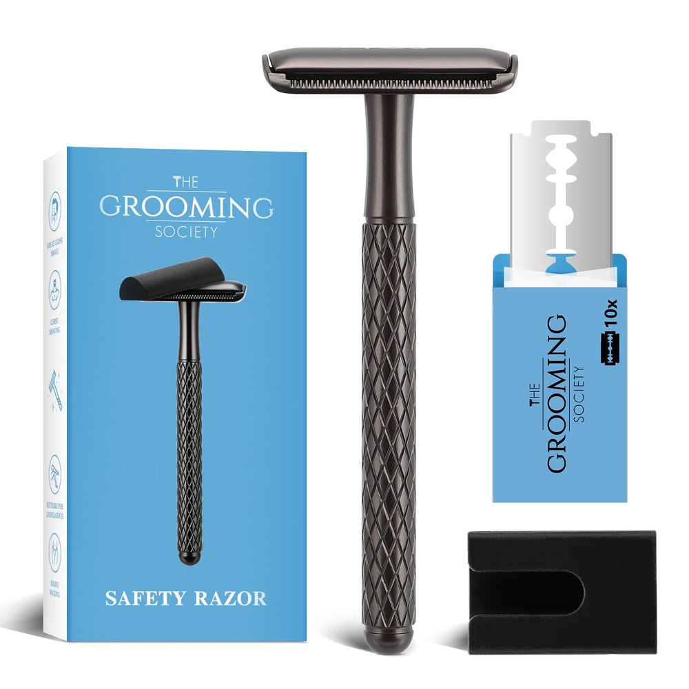 The Grooming Society Single Blade Safety Razor for Men with Silicone Cover & 10 Blades Double Edge Safety Razor for Travel Metal Eco-Friendly Reusable Razor for Shaving (Matte Black)