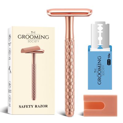 The Grooming Society Double Edge Safety Razor for Women with Silicone Cover & 10 Blades for Travel Metal Eco-Friendly Reusable Single Blade Razor for Shaving (Rose Gold)