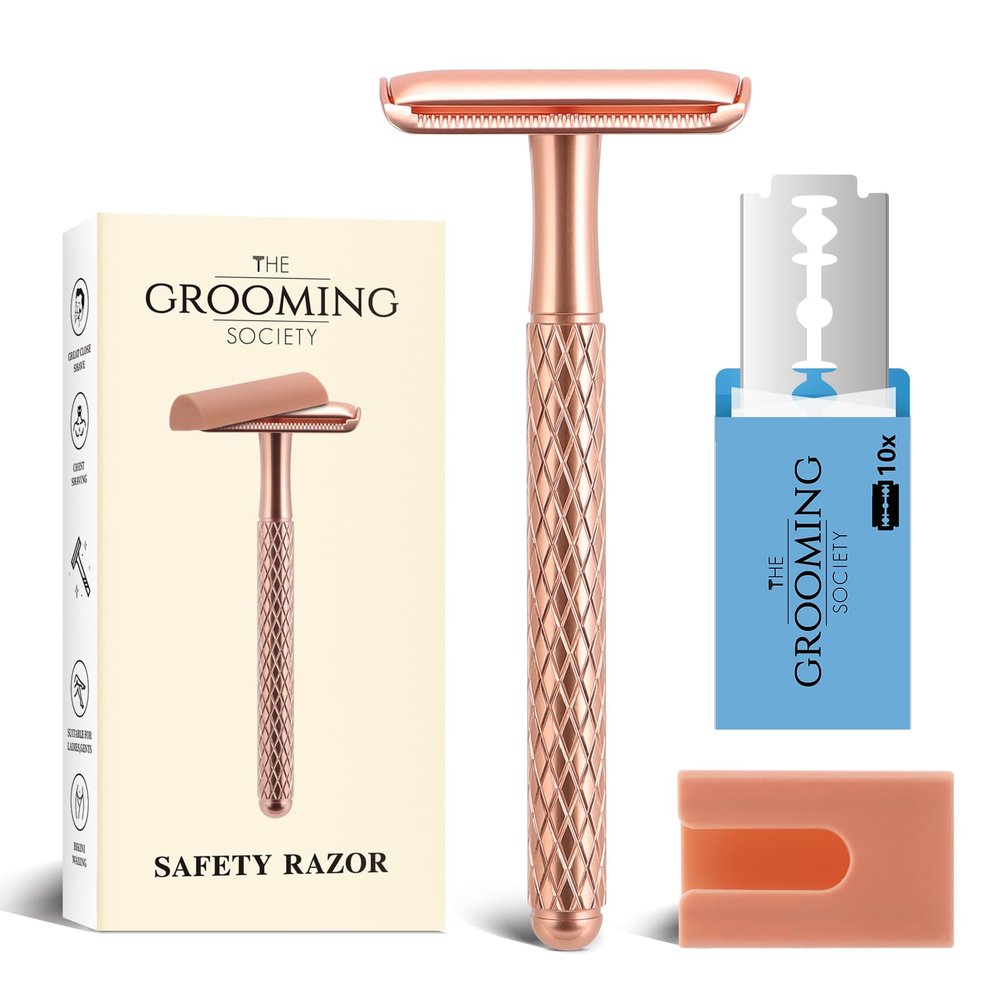 The Grooming Society Double Edge Safety Razor for Women with Silicone Cover & 10 Blades for Travel Metal Eco-Friendly Reusable Single Blade Razor for Shaving (Rose Gold)